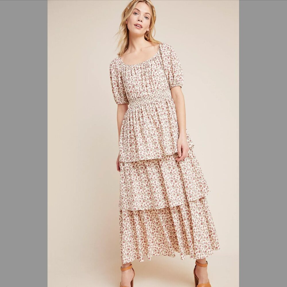 Anthropologie Cream Floral Tiered Maxi Dress